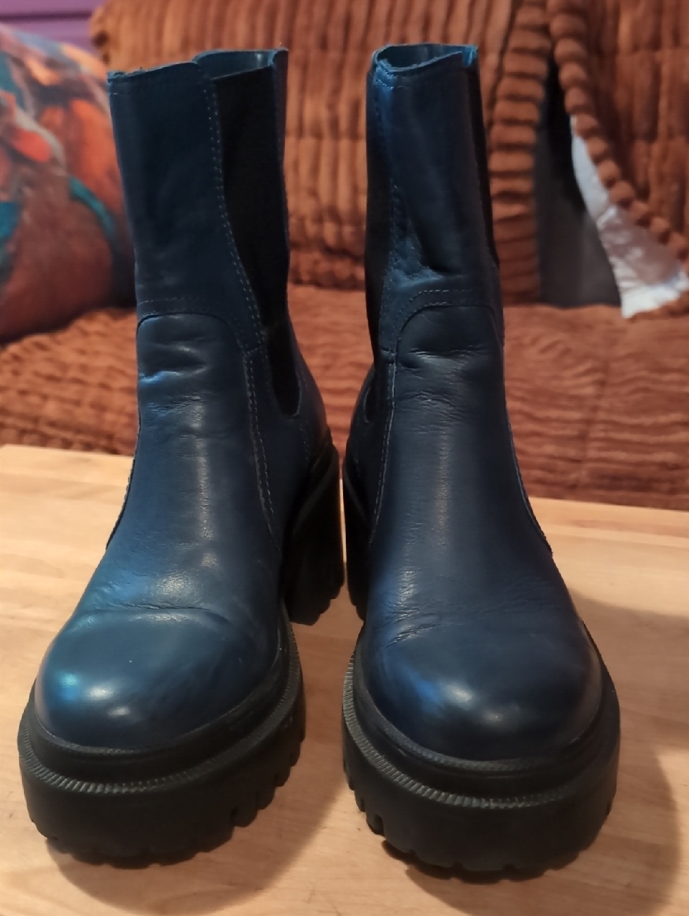 Chunky Blue Leather Platform Chelsea Heeled Boots